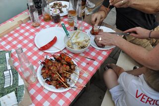 Tenth anniversary party: front courtyard and grilled food.