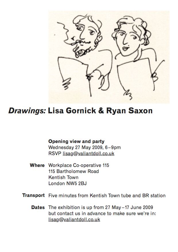 Poster for a drawings exhibition with an illustration of two people.