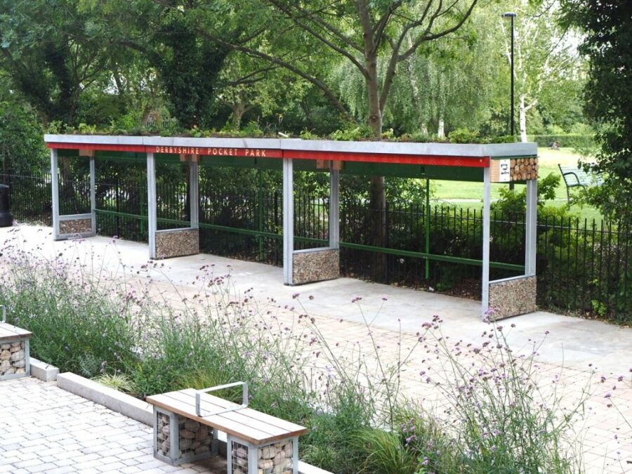 Derbyshire Street Pocket Park, bike stands, Green Roof Shelters.